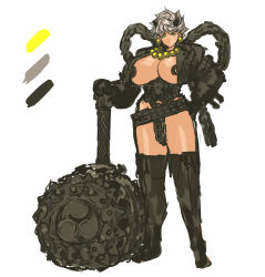 Rule 34 | 1girl, armor, bikini armor, blunt bangs, boots, breasts, c-string, chain, cleavage, color guide, curvy, full body, gauntlets, gradient background, hammer, highres, horns, huge breasts, huge weapon, looking at viewer, nameo (judgemasterkou), original, pasties, short hair, silver hair, smile, solo, spikes, standing, strapless bottom, thick thighs, thigh boots, thighhighs, thighs, weapon, wide hips, yellow eyes