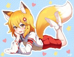 Rule 34 | 1girl, :d, absurdres, animal ear fluff, animal ears, ass, blonde hair, blush, boppin, fang, fox ears, fox girl, fox tail, full body, hair between eyes, hair ornament, heart, highres, japanese clothes, kimono, long sleeves, looking at viewer, lying, miko, on side, on stomach, open mouth, red skirt, senko (sewayaki kitsune no senko-san), sewayaki kitsune no senko-san, shirt, short hair, shorts, skirt, smile, socks, solo, tail, the pose, white shirt, white socks, wide sleeves, yellow eyes