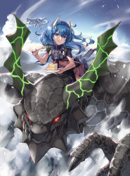 Rule 34 | 1girl, blue eyes, blue hair, braid, cake, character request, chewing, cloud, dai-xt, day, dragon, eating, flat chest, flying, food, fork, highres, horns, kuro no shoukanshi, long hair, looking at viewer, outdoors, plate, pleated skirt, riding, skirt, sky, solo, white horns