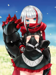 Rule 34 | 1girl, admiral graf spee (azur lane), arm at side, azur lane, black dress, blue eyes, blue sky, blurry, blurry background, blush, breasts, buckle, clothing cutout, cowboy shot, day, depth of field, dress, field, gauntlets, hand up, multicolored hair, o-ring, osisio, outdoors, print dress, red hair, red scarf, scarf, scarf over mouth, short hair, silver hair, sky, small breasts, solo, standing, streaked hair, underboob cutout