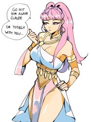 Rule 34 | 1girl, 3amsoda, absurdres, armband, bracelet, breasts, choker, cleavage, dancer, dancer (fire emblem: three houses), dress, earrings, female focus, fire emblem, fire emblem: three houses, hairband, hand on own hip, highres, hilda valentine goneril, hoop earrings, jewelry, large breasts, long hair, looking at hand, matching hair/eyes, nintendo, open mouth, pink eyes, pink hair, solo, speech bubble, standing, thighs