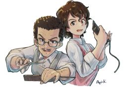 Rule 34 | 1girl, akiyama jungorou, akiyama yoshiko, apron, artist name, barber, black-framed eyewear, blouse, brown eyes, brown hair, collared shirt, comb, commentary, cropped torso, facial hair, girls und panzer, glasses, grey apron, hair clipper, highres, holding, holding comb, holding scissors, husband and wife, kuroneko douji, looking at viewer, mustache, open mouth, pink apron, rectangular eyewear, scissors, shirt, short hair, side-by-side, signature, simple background, sketch, sleeves rolled up, smile, very short hair, wavy hair, white background, white shirt
