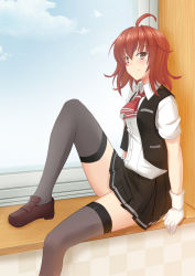 Rule 34 | 10s, 1girl, ahoge, arashi (kancolle), black thighhighs, blouse, cloud, day, gloves, highres, kantai collection, kerchief, long hair, messy hair, pleated skirt, red hair, shirt, sitting, skirt, sky, smile, solo, taira yuuki, thighhighs, vest, white gloves, window, yellow eyes