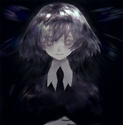 Rule 34 | androgynous, bad id, bad pixiv id, black necktie, black shirt, closed mouth, collared shirt, dark, diamond (houseki no kuni), gender request, grey eyes, gwen (g90z  ), houseki no kuni, looking at viewer, necktie, shirt, silver hair, simple background, smile, solo, upper body, white shirt, wing collar