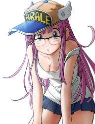 Rule 34 | 1girl, alternate form, baseball cap, blue eyes, breasts, cleavage, clothes writing, dr. slump, eichi1219, glasses, hat, leaning forward, long hair, looking at viewer, norimaki arale, off shoulder, aged up, purple eyes, purple hair, shirt, sleeveless, sleeveless shirt, solo, white background, winged hat