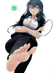Rule 34 | 1girl, absurdres, barefoot, blue eyes, blue hair, business suit, byleth (female) (fire emblem), byleth (fire emblem), crossed arms, feet, fire emblem, fire emblem: three houses, foot focus, formal, highres, j.c.14, long hair, looking at viewer, nintendo, open mouth, pants, short sleeves, simple background, soles, solo, suit, toes, white background
