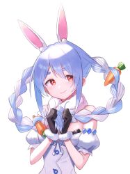 Rule 34 | 1girl, animal ears, black gloves, blue hair, blue ribbon, blush, bow, braid, buttons, carrot hair ornament, clenched hands, closed mouth, detached sleeves, dot nose, extra ears, food-themed hair ornament, fur-trimmed gloves, fur scarf, fur trim, gloves, hair ornament, hands up, highres, holding, holding hair, hololive, looking at viewer, multicolored hair, orange eyes, puffy short sleeves, puffy sleeves, rabbit ears, ribbon, scarf, shimizu tomoki, shirt, short eyebrows, short sleeves, sidelocks, simple background, smile, solo, strapless, strapless shirt, thick eyebrows, twin braids, two-tone hair, upper body, usada pekora, usada pekora (1st costume), virtual youtuber, white background, white bow, white hair, white scarf, white shirt