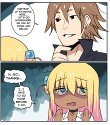 Rule 34 | 1boy, 1girl, 2koma, :d, absurdres, alternate hair color, alternate skin color, black eyes, blonde hair, blue eyes, bocchi the rock!, breasts, brown hair, character request, choker, cleavage, collared shirt, comic, commentary, cube hair ornament, dark-skinned female, dark skin, earrings, english commentary, english text, eyes visible through hair, gotoh hitori, grin, gyaru, hair between eyes, hair ornament, hand on own chin, heart, heart choker, highres, hinghoi, jewelry, long hair, long sleeves, looking at another, looking away, medium breasts, multicolored hair, nervous, one side up, open mouth, pendant choker, pink hair, school uniform, shirt, sidelocks, smile, speech bubble, two-tone hair