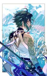 Rule 34 | 1boy, ahoge, arm tattoo, bishounen, cowboy shot, from behind, genshin impact, green hair, highres, holding, holding polearm, holding weapon, looking at viewer, male focus, mask, outdoors, polearm, short hair, sialou, sleeveless, solo, tattoo, weapon, xiao (genshin impact), yellow eyes
