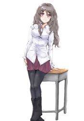 Rule 34 | 1girl, alternate costume, black footwear, black pantyhose, boots, breasts, brown eyes, brown skirt, commentary request, desk, feet out of frame, grey hair, kantai collection, ld (luna dial398), medium breasts, pantyhose, pleated skirt, pola (kancolle), school desk, shirt, simple background, skirt, solo, thick eyebrows, wavy hair, white background, white shirt