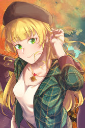 Rule 34 | 1girl, autumn, autumn leaves, beret, blonde hair, blunt bangs, brown hat, casual, checkered clothes, checkered jacket, closed mouth, green eyes, green jacket, hand up, hat, heanna sumire, highres, jacket, jewelry, long hair, looking at viewer, love live!, love live! superstar!!, necklace, open clothes, open jacket, smile, solo, upper body, yuuyu (sun yuu)