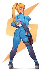 Rule 34 | 1girl, absurdres, artist request, ass, blonde hair, blue eyes, bodysuit, breasts, dated, directed-energy weapon, energy gun, energy weapon, gun, handgun, high heels, highres, holding, holding weapon, holster, holstered, logo, looking back, metroid, nintendo, paralyzer, pistol, pursed lips, samus aran, solo, source request, weapon, white background, zero suit