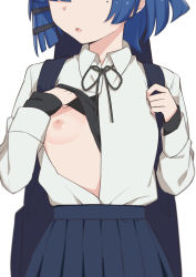 Rule 34 | 1girl, black ribbon, blue hair, blue skirt, bocchi the rock!, breasts, female focus, hair ornament, head out of frame, highres, long sleeves, mole, mole on cheek, mole under eye, morisobo, neck ribbon, nipples, one breast out, parted lips, pleated skirt, ribbon, shirt, short hair, simple background, skirt, small breasts, solo, standing, white background, white shirt, yamada ryo