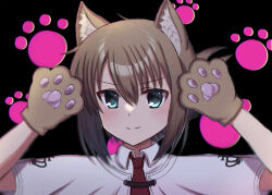 Rule 34 | &gt;:), 1girl, animal ear fluff, animal ears, animal hands, aqua eyes, arms up, blush, brown hair, capelet, cat ears, close-up, closed mouth, commentary request, folded ponytail, gloves, hair between eyes, highres, kemonomimi mode, looking at viewer, mahigu re, medium hair, necktie, paw gloves, paw print, red necktie, school uniform, simple background, smile, smug, solo, split mouth, subarashiki hibi, tachibana kimika, tsurime, v-shaped eyebrows, white background, white capelet