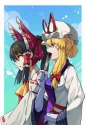 Rule 34 | 2girls, ascot, black hair, blonde hair, bow, detached sleeves, elbow gloves, fan over face, folded fan, folding fan, frilled bow, frilled hair tubes, frills, gloves, hair bow, hair tubes, hakurei reimu, hand fan, hat, hat ribbon, highres, holding, holding fan, long hair, long sleeves, mob cap, multiple girls, onionmay, purple eyes, purple tabard, red bow, red ribbon, ribbon, ribbon-trimmed sleeves, ribbon trim, tabard, touhou, white gloves, wide sleeves, yakumo yukari, yellow ascot