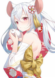Rule 34 | 1girl, alexmaster, animal, animal ears, bare shoulders, chinese zodiac, commentary request, detached sleeves, hair between eyes, hair ornament, highres, japanese clothes, kimono, long hair, long sleeves, looking at viewer, looking to the side, mouse (animal), mouse ears, obi, original, parted lips, red eyes, sash, shoulder blades, silver hair, solo, tassel, twintails, upper body, white background, white kimono, wide sleeves, year of the rat