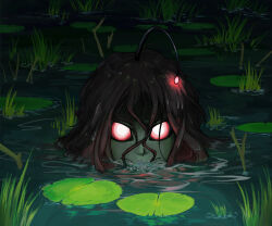 Rule 34 | 1girl, bioluminescence, brown hair, colored skin, glowing, green skin, highres, lily pad, monster girl, mouth submerged, night, original, outdoors, pond, red eyes, solo, water, zomboyaku