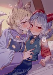 Rule 34 | 2girls, animal ears, blonde hair, blush, earrings, fox ears, fox tail, highres, horns, jewelry, licking, licking another&#039;s cheek, licking another&#039;s face, masanaga (tsukasa), multiple girls, pointy ears, poking, red eyes, sweat, tail, thought bubble, tongue, tongue out, touhou, translation request, yuri