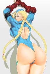 Rule 34 | 1girl, absurdres, anagumasan, ass, backless dress, backless outfit, blonde hair, blue eyes, braid, breasts, cammy white, capcom, commentary request, dress, facial scar, fingernails, from behind, gauntlets, hat, highres, leotard, lips, long hair, long sleeves, looking at viewer, looking back, medium breasts, muscular, muscular female, parted lips, ribbed leotard, scar, scar on cheek, scar on face, shadaloo dolls, shadow, simple background, solo, street fighter, street fighter zero (series), thighs, thong leotard, twin braids, twintails