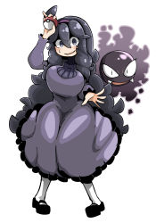 Rule 34 | 1girl, @ @, ahoge, black hair, breasts, creatures (company), dress, full body, game freak, gastly, gen 1 pokemon, hairband, hex maniac (pokemon), highres, impossible clothes, knees together feet apart, large breasts, long dress, long hair, long sleeves, looking at viewer, nintendo, poke ball, pokemon, pokemon (creature), pokemon xy, purple eyes, shoes, simple background, smile, standing, sweatdrop, sweater, tazonotanbo, turtleneck, turtleneck sweater, very long hair, white background