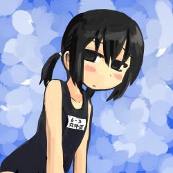 Rule 34 | 1girl, black eyes, black hair, blue background, blush, frown, hair over eyes, highres, marui hitoha, mitsudomoe, one-piece swimsuit, school swimsuit, short hair, solid circle eyes, solo, swimsuit, upper body, uten