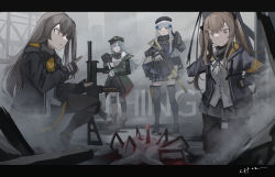 Rule 34 | 404 (girls&#039; frontline), 4girls, absurdres, artist name, assault rifle, bare shoulders, beret, black legwear, blouse, blunt bangs, breasts, brown eyes, brown hair, bullpup, caseless firearm, closed mouth, commentary request, english text, facial mark, fog, full body, g11 (girls&#039; frontline), girls&#039; frontline, gloves, green eyes, green jacket, grey hair, gun, h&amp;k g11, h&amp;k hk416, h&amp;k ump, hair between eyes, hair ornament, hairclip, hat, highres, hk416 (girls&#039; frontline), holding, jacket, long hair, looking at another, military jacket, multiple girls, one side up, open mouth, outdoors, pantyhose, plaid, plaid skirt, ribbon, rifle, scar, scar across eye, scar on face, shirt, shoes, skirt, sleeveless, sleeveless shirt, sneakers, squatting, standing, suppressor, teardrop, thighhighs, twintails, ubah, ump45 (girls&#039; frontline), ump9 (girls&#039; frontline), weapon, white hair, white shirt, window magazine
