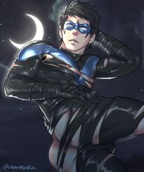 Rule 34 | 1boy, ass, bara, batman (series), black bodysuit, black hair, blue bodysuit, bodysuit, crescent moon, dc comics, dick grayson, domino mask, highres, large pectorals, lying, male focus, mask, moon, muscular, muscular male, night, night sky, nightwing, nipples, on side, otokobara, outdoors, parted lips, pectorals, shiny clothes, short hair, sky, solo, star (sky), taut bodysuit, taut clothes, thick thighs, thighs, torn bodysuit, torn clothes, twitter username, two-tone bodysuit