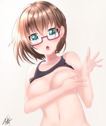 Rule 34 | 10s, 1girl, absurdres, aqua eyes, artist name, bang dream!, bare shoulders, blush, breasts, brown hair, covering privates, covering breasts, glasses, highres, large breasts, looking at viewer, navel, no bra, open mouth, short hair, signature, simple background, solo, sweat, tank top, tokisan, upper body, white background, yamato maya
