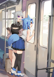Rule 34 | 2girls, :d, akizone, animal ears, bare arms, bare shoulders, black skirt, black thighhighs, blue hair, blue hairband, blue skirt, breasts, cleavage, final fantasy, final fantasy xiv, grey hair, grey jacket, grey skirt, hairband, highres, holding, holding phone, jacket, large breasts, leaning forward, long hair, medium hair, multiple girls, open mouth, phone, pleated skirt, purple eyes, red eyes, shoes, skirt, smile, standing, tail, thighhighs, train interior, warrior of light (ff14), white footwear