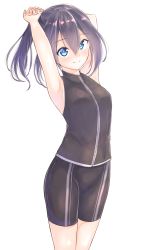 Rule 34 | 1girl, armpits, arms up, bike shorts, black hair, blue eyes, closed mouth, commentary, cowboy shot, eyebrows, hair between eyes, highres, kyoo-kyon (kyo-kyon), light smile, looking at viewer, original, outstretched arms, side ponytail, simple background, solo, sportswear, stretching, suzunari shizuku, white background, yuki arare