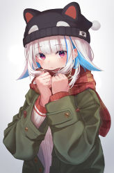 Rule 34 | 1girl, absurdres, animal ears, black hat, blue hair, blunt bangs, blush, closed mouth, commentary request, fake animal ears, green jacket, hands up, hat, highres, jacket, lize helesta, long sleeves, looking at viewer, multicolored hair, nenehotoso, nijisanji, open clothes, open jacket, purple eyes, red scarf, scarf, silver hair, simple background, solo, sweater, two-tone hair, upper body, virtual youtuber, white sweater