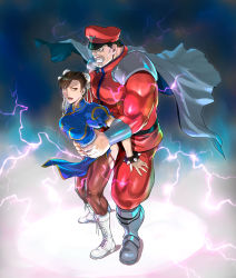 Rule 34 | 1boy, 1girl, azasuke, boots, bracelet, breasts, brown hair, capcom, cape, china dress, chinese clothes, chun-li, cross-laced footwear, double bun, dress, earrings, electricity, eyeliner, from side, full body, grin, hair bun, hand on another&#039;s thigh, highres, implied sex, jewelry, lace-up boots, large breasts, lips, long sleeves, makeup, no pupils, open mouth, pantyhose, sex, sex from behind, short hair, smile, spiked bracelet, spikes, standing, standing sex, street fighter, sweat, teeth, thick thighs, thighs, torn clothes, torn pantyhose, torso grab, veins, white footwear
