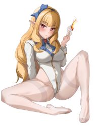 Rule 34 | 1girl, absurdres, bad id, bad pixiv id, blonde hair, blue bow, blunt bangs, blush, bow, breasts, commentary request, commission, copyright request, feet, full body, hair bow, highres, holding, korean commentary, leotard, long hair, long sleeves, looking at viewer, no shoes, pantyhose, pharamacom, pointy ears, red eyes, sitting, smile, solo, very long hair, white leotard, white pantyhose