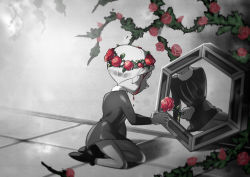 Rule 34 | 1boy, black footwear, blood, commentary request, daida, different reflection, dripping, flower, holding, holding flower, indoors, long sleeves, male focus, mirror, nikomi (nikomix), ousama ranking, red flower, reflection, shoes, short hair, sitting, thorns, tile floor, tiles, tunic