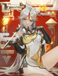 Rule 34 | 1girl, bare shoulders, black gloves, breasts, claw ring, commentary, dress, elbow gloves, genshin impact, gloves, hair ornament, hairpin, hand up, highres, holding, holding smoking pipe, kiseru, leg up, long hair, looking at viewer, medium breasts, ningguang (genshin impact), parted bangs, pelvic curtain, red eyes, silver hair, sitting, sleeveless, sleeveless dress, smoking pipe, solo, thighs, twitter username, type-alpha, very long hair, vision (genshin impact), white dress