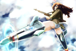 Rule 34 | 1girl, animal ears, ass, blue eyes, brown hair, browning automatic rifle, charlotte e. yeager, escort fighter, gun, kanchou (karaja), long hair, machine gun, military, military uniform, p-51 mustang, panties, rabbit ears, rabbit girl, rabbit tail, rifle, solo, strike witches, striker unit, tail, underwear, uniform, weapon, world witches series
