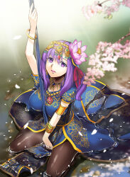 Rule 34 | 1girl, blue dress, bracelet, breasts, brown pantyhose, cherry blossoms, circlet, dress, earrings, fate/grand order, fate (series), highres, indian clothes, jewelry, kneeling, large breasts, long hair, looking at viewer, matou sakura, necklace, pantyhose, parvati (fate), pendant, polearm, purple eyes, purple hair, short sleeves, sidelocks, smile, solo, takenoko seijin, thighs, water, weapon