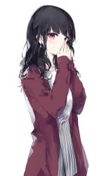 Rule 34 | 1girl, black hair, blush, earrings, grey skirt, hands up, highres, jacket, jewelry, long hair, long sleeves, looking at viewer, original, own hands together, red eyes, ring, shirt, simple background, skirt, sleeves past wrists, solo, sparkle, tr (hareru), wavy hair, white background, white shirt
