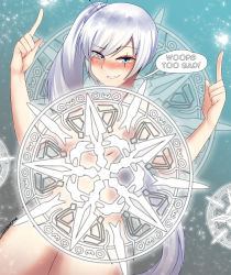 Rule 34 | 1girl, absurdres, blush, censored, highres, nude, rwby, teasing, weiss schnee, white hair, z666ful