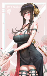 Rule 34 | 1boy, 1girl, absurdres, bare shoulders, black dress, black gloves, black hair, black thighhighs, blood, blood on arm, blood on face, bloody weapon, blush, breasts, copyright name, covered navel, dagger, dress, earrings, engagement ring, fingerless gloves, floral background, flower, glint, gloves, gold earrings, gold hairband, grenade pin, hair flower, hair ornament, hairband, highres, holding hands, jewelry, knife, large breasts, long hair, looking at another, ornate ring, out of frame, parted lips, pink background, raised eyebrows, red flower, red rose, revision, ring, rose, rose background, sidelocks, skindentation, solo focus, spikes, spy x family, stiletto (weapon), taut clothes, taut dress, thighhighs, thorns, twilight (spy x family), two-sided dress, two-sided fabric, weapon, yf (hbyg), yor briar, zettai ryouiki