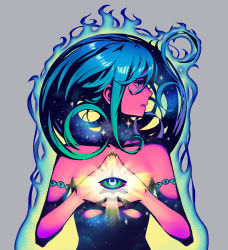Rule 34 | 1girl, blue fire, blue hair, breasts, closed mouth, colored skin, commentary, commentary request, double exposure, eye of providence, fire, glowing fire, grey background, lips, long hair, looking to the side, nc empire (circle), nude, original, own hands together, pink skin, psychedelic, simple background, small breasts, solo, starry sky print, very long hair
