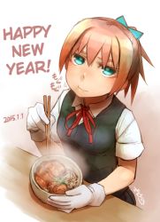 Rule 34 | 10s, 1girl, 2015, akeome, aqua eyes, dated, didloaded, eating, food, gloves, happy new year, hard-translated, kantai collection, katsudon (food), looking at viewer, mushroom, new year, noodles, pink hair, ponytail, school uniform, shiranui (kancolle), short hair, third-party edit, translated