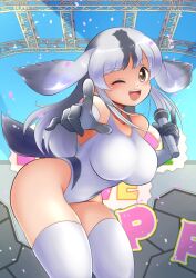 1girl bare_shoulders bearded_seal_(kemono_friends) blush collarbone cowboy_shot elbow_gloves fins gloves gradient_gloves grey_gloves grey_hair grey_one-piece_swimsuit grey_thighhighs head_fins kemono_friends long_hair looking_at_viewer matsumoto_jikyuuryoku microphone multicolored_hair one-piece_swimsuit one_eye_closed open_mouth penguins_performance_project_(kemono_friends) pointing seal_girl sidelocks smile solo stage swimsuit thighhighs two-tone_hair two-tone_one-piece_swimsuit yellow_eyes