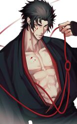 Rule 34 | 1boy, abs, absurdres, black hair, black kimono, blood, blood on face, collarbone, fate/grand order, fate (series), haruakira, highres, hijikata toshizou (fate), holding, japanese clothes, katana, kimono, male focus, muscular, muscular male, navel, o-ring, open clothes, open kimono, pectorals, red trim, short hair, solo, sword, weapon