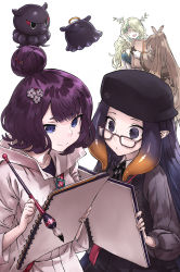 Rule 34 | 4girls, :o, antlers, back, beret, black gloves, black headwear, brown hair, ceres fauna, character request, closed mouth, creator connection, crossover, fate/grand order, fate (series), fingerless gloves, floating, glasses, gloves, green hair, hair bun, hair ornament, hair over one eye, haraya manawari, hat, highres, holding, holding brush, hololive, hololive english, horns, jacket, katsushika hokusai (fate), long hair, long sleeves, medium hair, multiple girls, nanashi mumei, ninomae ina&#039;nis, ninomae ina&#039;nis (casual), official alternate costume, open mouth, pink jacket, pointy ears, ponytail, purple eyes, purple hair, purple shirt, shaded face, shirt, simple background, single hair bun, sketchbook, smile, squid, surprised, takodachi (ninomae ina&#039;nis), trait connection, virtual youtuber, white background, yellow eyes