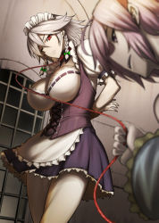 Rule 34 | 2girls, apron, arms behind back, bars, blue skirt, blurry, bow, braid, breasts, cleavage, collar, commentary request, depth of field, expressionless, femdom, frilled sleeves, frills, green bow, hair bow, indoors, izayoi sakuya, jonylaser, komeiji satori, large breasts, leash, maid headdress, miniskirt, multiple girls, pink eyes, pink hair, puffy short sleeves, puffy sleeves, red collar, red eyes, short sleeves, silver hair, skirt, standing, touhou, twin braids, underbust, waist apron