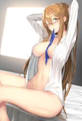 Rule 34 | 1girl, adjusting hair, arms up, bed, blush, breast pocket, breasts, brown eyes, brown hair, glasses, hair between eyes, highres, indoors, large breasts, long hair, long sleeves, mouth hold, naked shirt, on bed, open clothes, open shirt, original, pallad, pocket, ponytail, red-framed eyewear, shirt, sitting, solo, white shirt