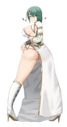 Rule 34 | 1girl, absurdres, ass, blush, boots, braid, breasts, circlet, closed mouth, commission, commissioner upload, dress, fire emblem, fire emblem heroes, from behind, green hair, hair ornament, hand on own hip, heart, high heel boots, high heels, highres, jewelry, kneehighs, large breasts, long hair, long sleeves, looking at viewer, looking back, nintendo, nvl, panties, pantyshot, purple panties, pussy, ring, sideboob, simple background, single braid, smile, smug, socks, solo, thong, thorr (fire emblem), transparent background, underwear, white dress, yellow eyes