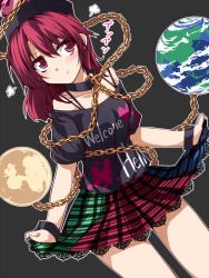 Rule 34 | 1girl, :t, blush, bracelet, chain, clothes lift, clothes writing, collar, collarbone, curtsey, dutch angle, earth (planet), fume, hat, hecatia lapislazuli, hemogurobin a1c, jewelry, lace, lace-trimmed skirt, lace trim, miniskirt, moon, multicolored clothes, multicolored skirt, off shoulder, planet, pout, red eyes, red hair, skirt, skirt lift, solo, thighs, touhou
