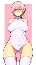 Rule 34 | 1girl, arms behind back, bare shoulders, blush, breasts, closed mouth, commentary request, fate/grand order, fate (series), florence nightingale (fate), highres, ishibori eregomos, leotard, long hair, looking at viewer, medium breasts, pink background, pink hair, red eyes, sagging breasts, simple background, sleeveless, solo, thighhighs, translation request, white background, white thighhighs